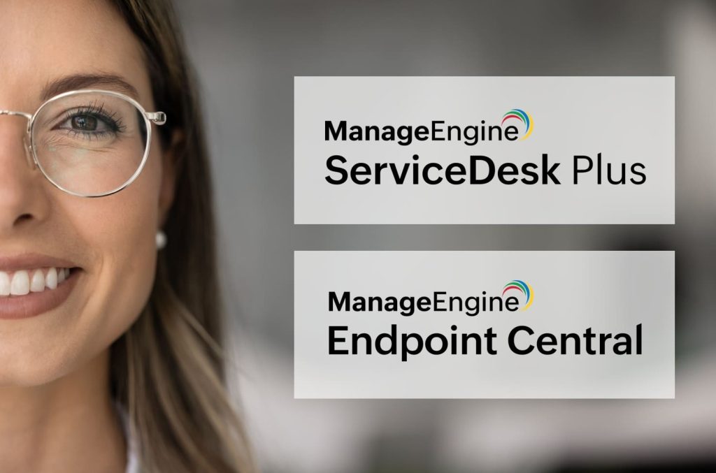ManageEngineのIT資産管理ツールである、ServiceDesk PlusとEndpoint Centralのロゴ画像。
